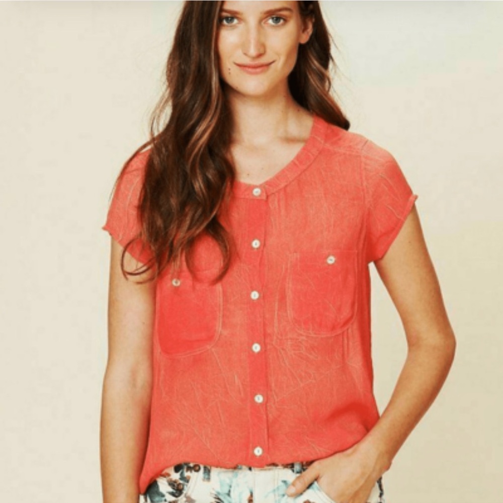 We The Free coral Orange Pink Button Down silky button down Shirt size xs